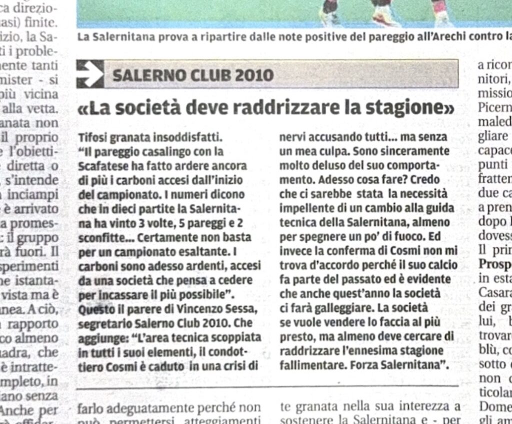 La voce del Salerno Club 2010 Rubrica Settimanale a cura dell’Addetto Stampa Andrea Criscuolo sul quotidiano La Citta’