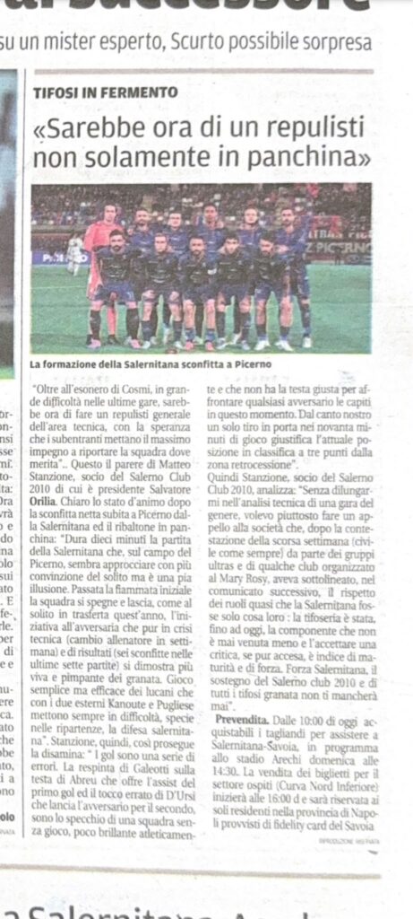 La voce del Salerno Club 2010 Rubrica Settimanale a cura dell’Addetto Stampa Andrea Criscuolo sul quotidiano La Citta’